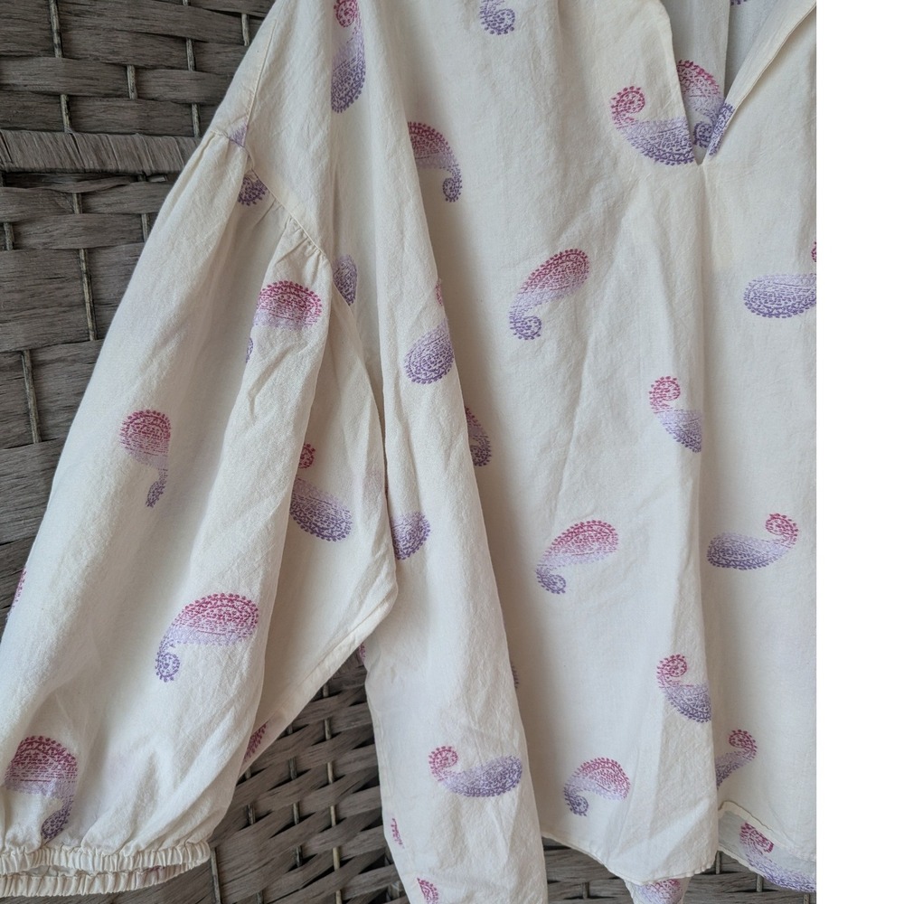 J. Jill Tunic Top Cream Paisley Split Neck Raglan Balloon Sleeve Women 2X Boho - Picture 3 of 8